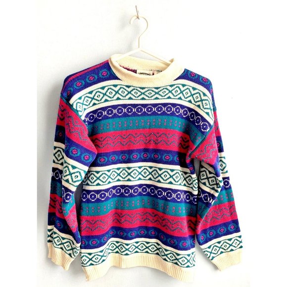 Retro Separate Scene Knit L. Sleeve Sweater Fair Isle Multicolour Size Small - Picture 1 of 6